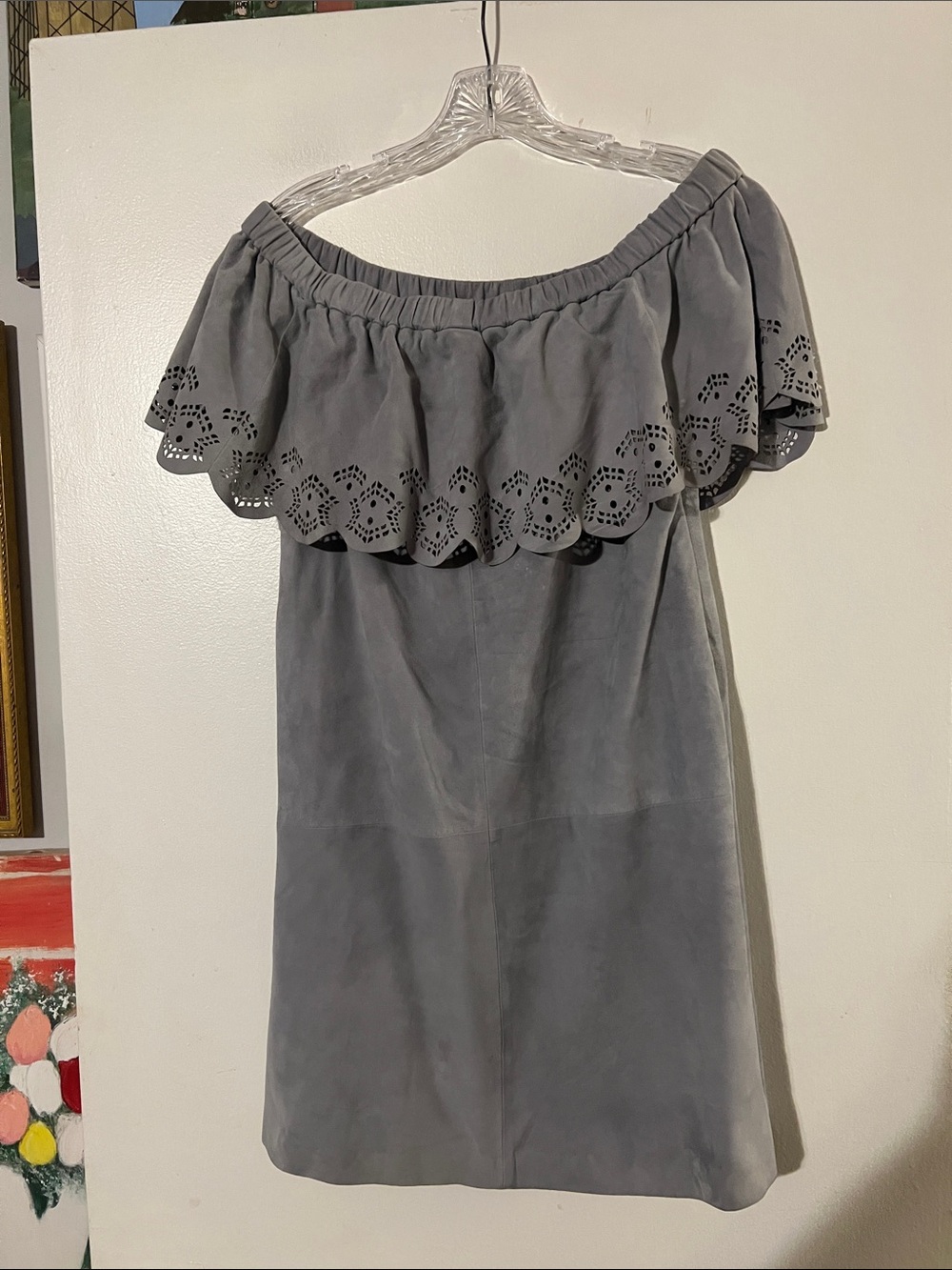 Lamarque blue/gray sueded leather off shoulder dress Fully lined Hidden side zip